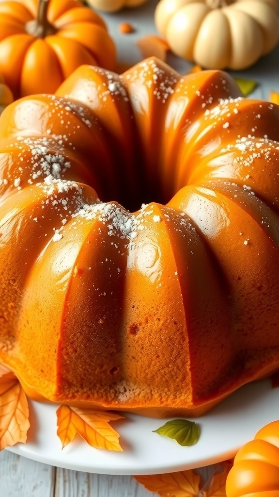 Moist Pumpkin Bundt Bread Recipe A golden-brown pumpkin bundt bread dusted with powdered sugar, surrounded by autumn decorations.